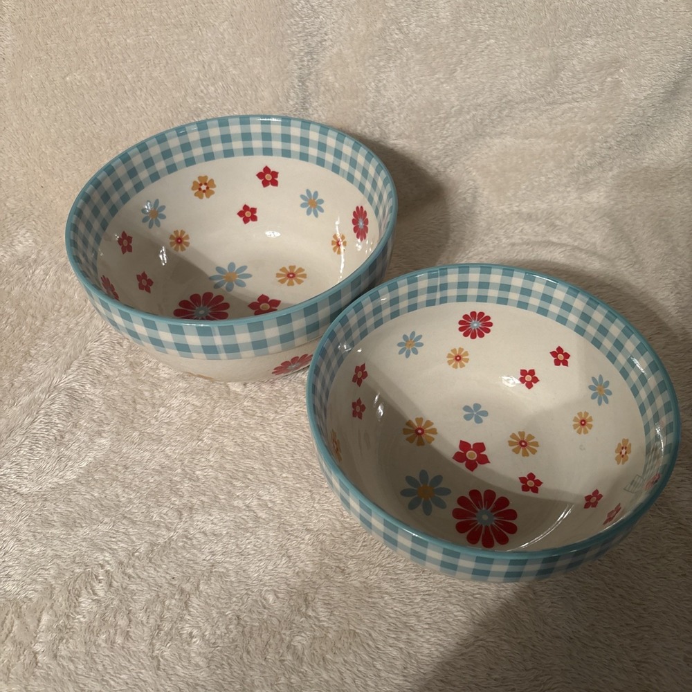 Temptations Blue Gingham Gardens 1.5 & 2 QT Oven Safe Ceramic Bowls